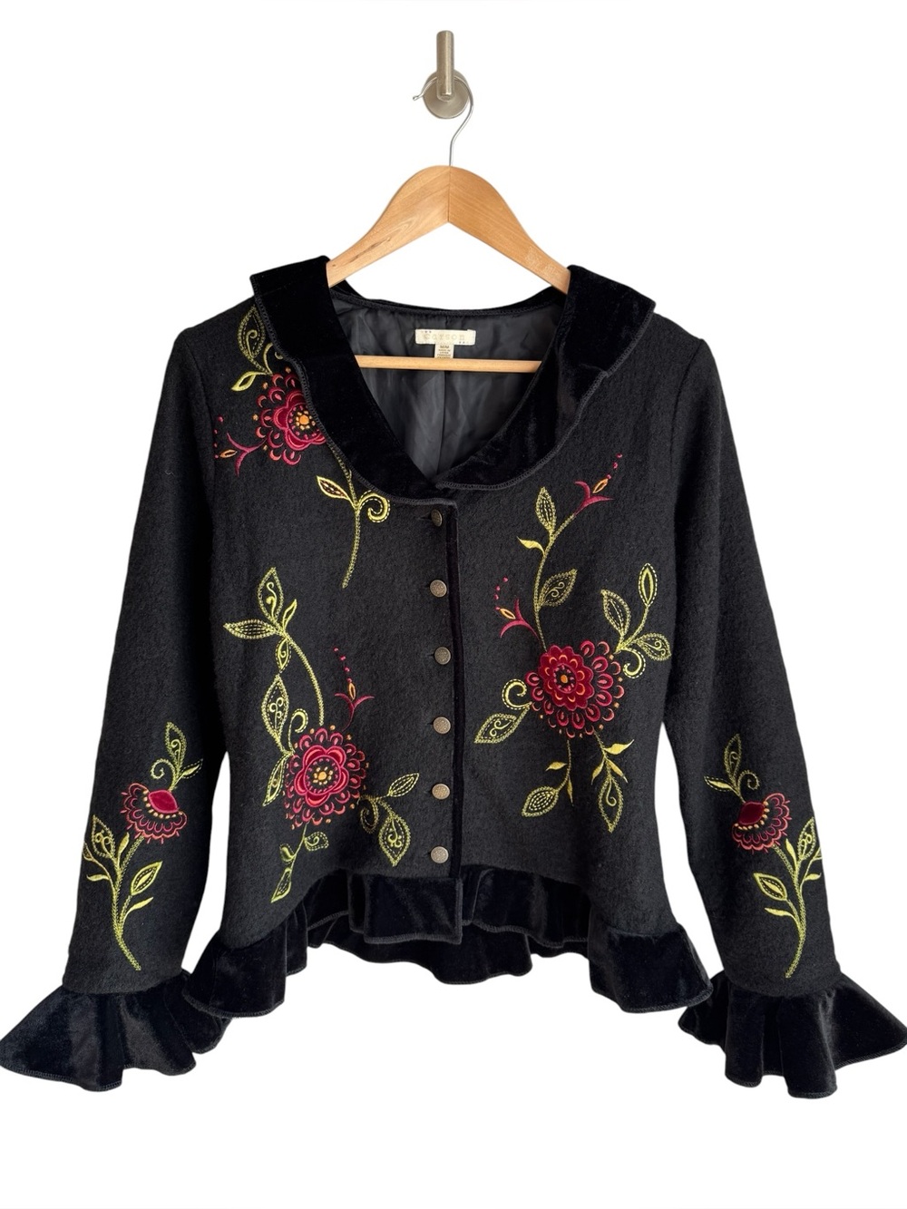 Carson Floral Embroidered 100% Wool Jacket Sz M Velvet Bell Sleeve Boho Jacket